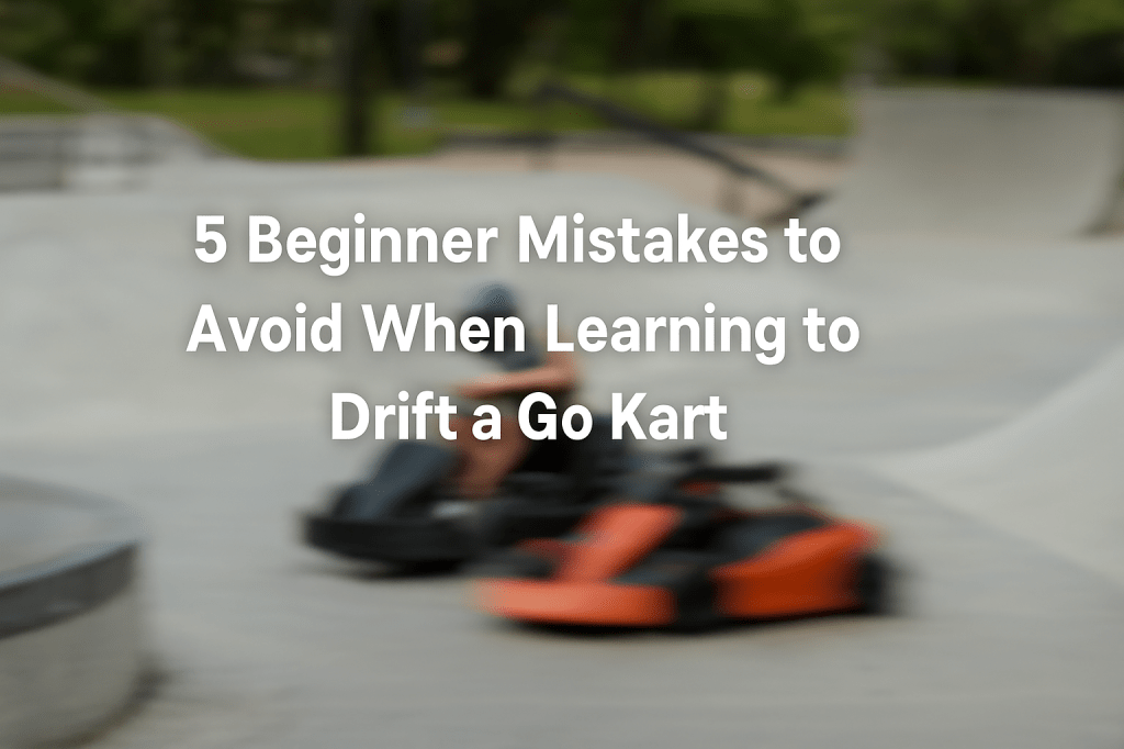 A blurred orange and black drift go kart slides in a skatepark under daylight, emphasizing motion and overcorrection as a beginner mistake. Text overlay reads “5 Beginner Mistakes to Avoid When Learning to Drift a Go Kart.”