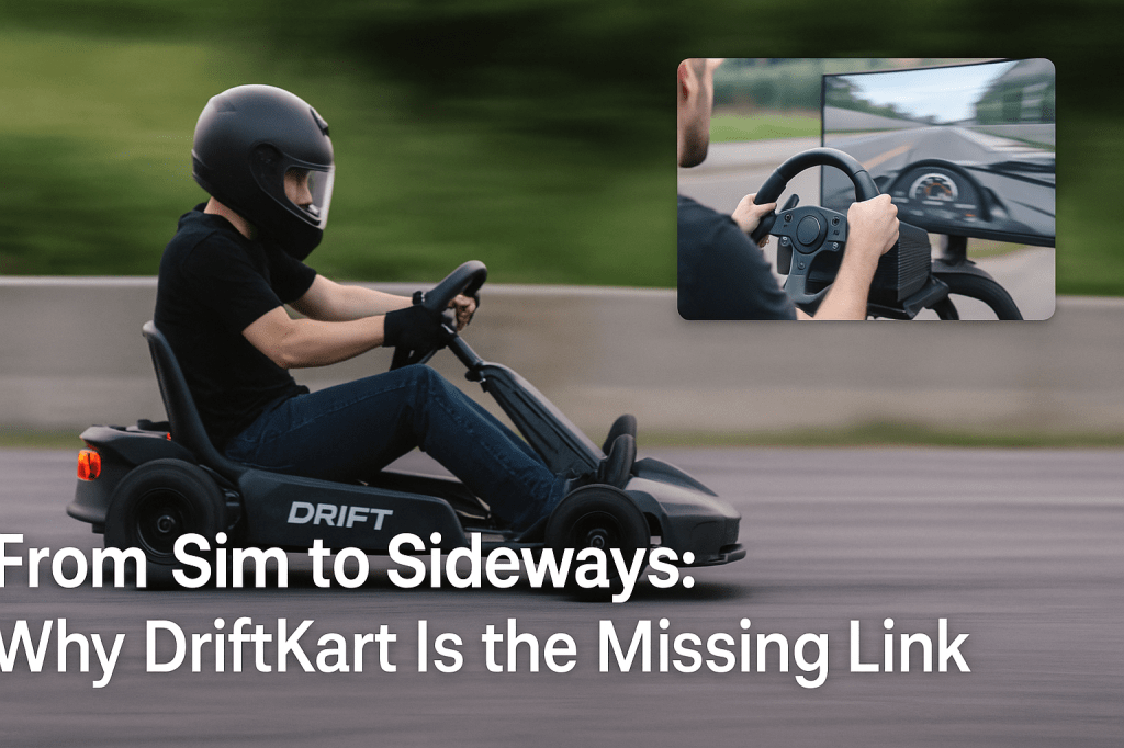 Blurred photo of a DriftKart driver mid-drift with an inset or ghosted sim rig showing the same angle, highlighting the crossover between sim racing and real driving