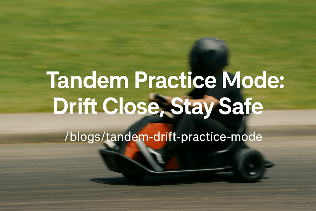 DriftKart D1 mid-drift on pavement with helmeted driver, showcasing blog title “Tandem Practice Mode: Drift Close, Stay Safe”