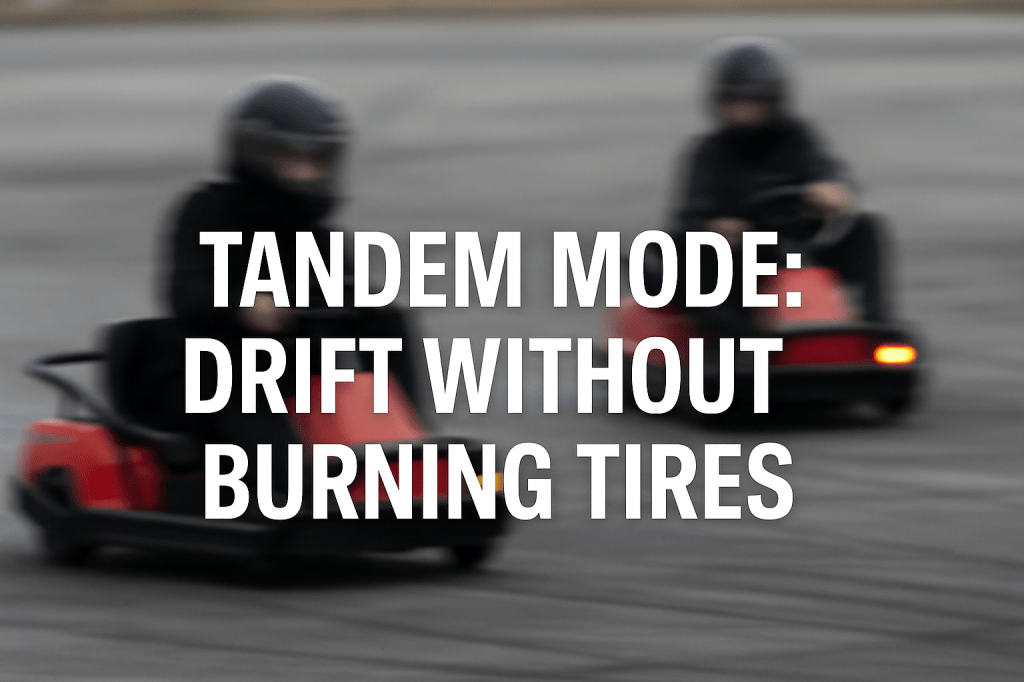 Blurred image of two red DriftKart D1s tandem drifting on asphalt with white overlay text: “Tandem Mode: Drift Without Burning Tires”