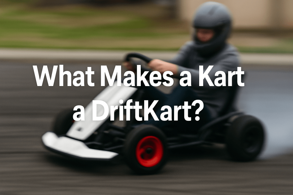 A close action shot of a DriftKart D1 holding angle mid-corner, with sharp front wheel rotation and a blurred background emphasizing drift motion