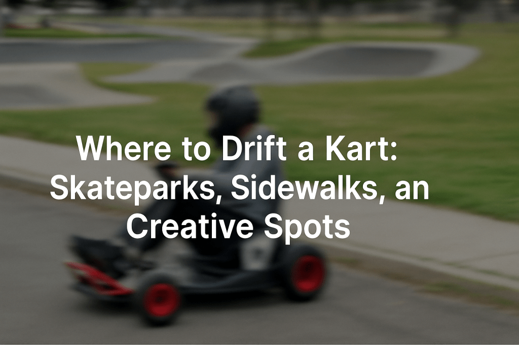Blurred image of a DriftKart D1 drifting near a sidewalk with a skatepark in the background and the blog title overlayed