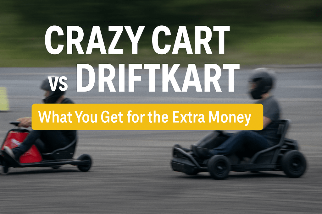 Side-by-side action comparison of a Crazy Cart XL and a DriftKart D1, showing the difference in control and steering feel with price overlay