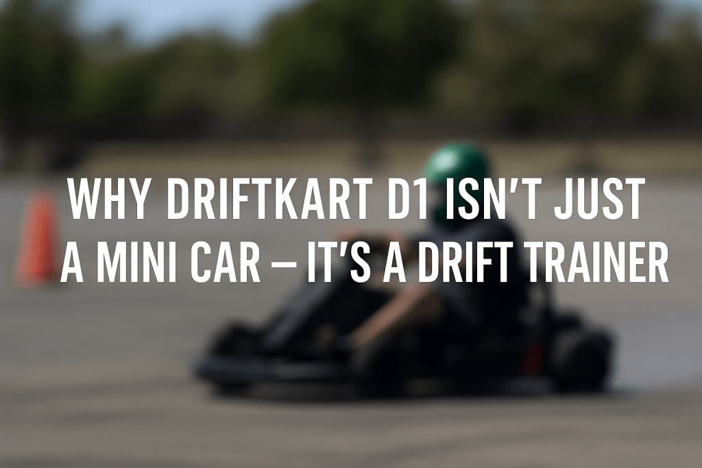 Blurred photo of a white DriftKart D1 mid-drift in a parking lot, stylized like a mini car with aggressive drift posture