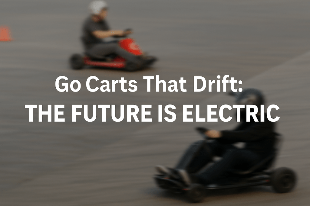 Blurred action photo featuring an electric DriftKart D1 facing off against a gas-powered drift trike with overlaid title text.