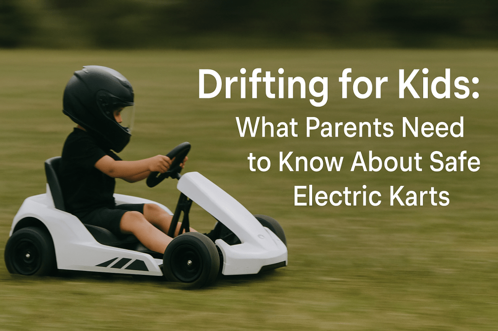 A white DriftKart D1 Light drifting gently on a grass field with a helmeted child inside, emphasizing control and safety