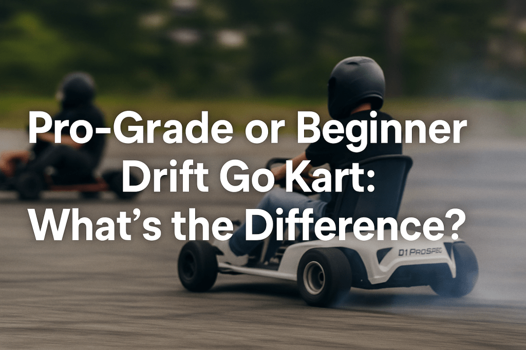 Photograph with overlaid text showcases two DriftKarts side-by-side — the PRO with roll cage and the PROSPEC with sleek frame — both mid-drift on an open lot.